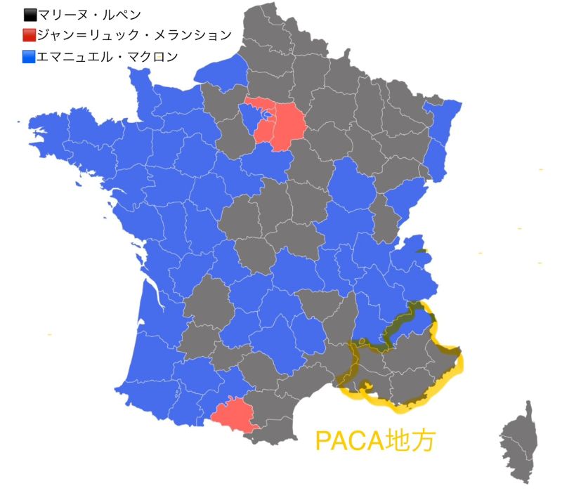 2022年フランス大統領選において、各自治体の得票数一位の候補者を示した地図　黒はマリーヌ・ルペン、赤はジャン＝リュック・メランション、青はエマニュエル・マクロンを表す。政府公式サイトを参考に著者作成。