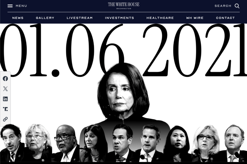 ホワイトハウスが設けた議事堂襲撃事件の特設サイト。「反乱」の物語をでっち上げたと説明される民主党のナンシー・ペロシ元下院議長らが小刻みに震えるデザイン。